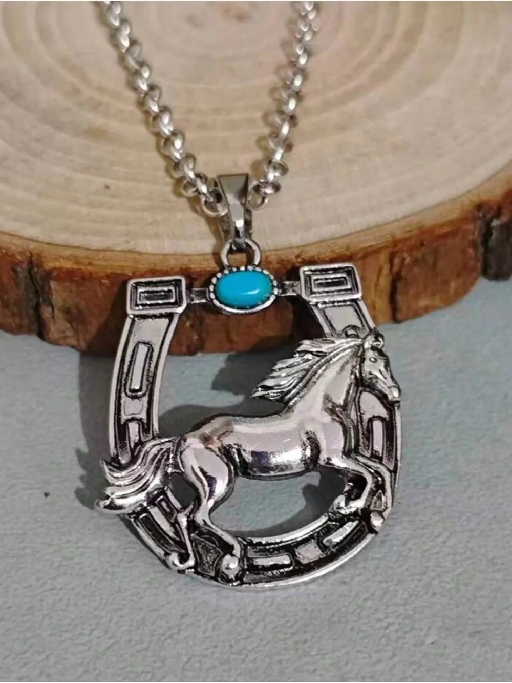 Western Necklace Silver Horse & Horseshoe Pendant Necklace with Turquoise Accent